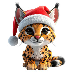 Adorable spotted feline cub wears a festive red and white winter hat, clipart, isolated on a transparent background.