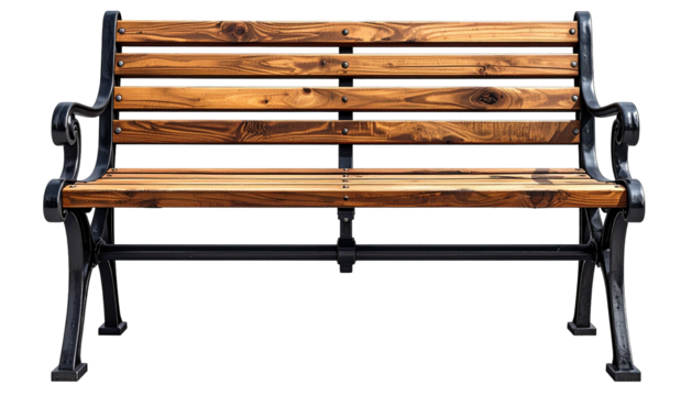 Wooden park bench with black metal frame