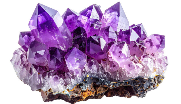 Cluster of purple amethyst crystals on a dark base