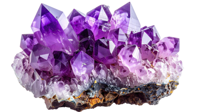 Cluster of purple amethyst crystals on a dark base