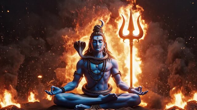 Serene depiction of Lord Shiva amidst fiery backdrop emphasizing balance and