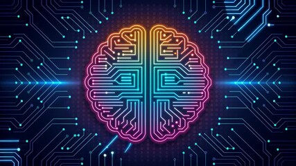 Neon circuit brain glowing rainbow colors digital neural network technology with electronic nodes and glowing circuitry motherboard pattern futuristic cybernetic design data flow artificial - Powered by Adobe