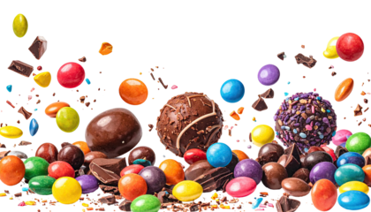 Colorful candy and chocolate pieces fill space against black