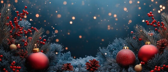 Christmas background with red and gold decorations, dark blue color with snowflakes, pine branches, and space for text or design on the right side
