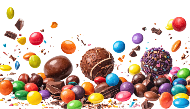 Colorful candy and chocolate pieces fill space against black