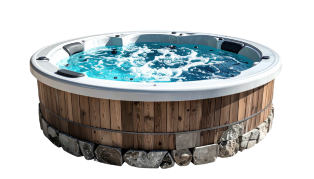 Round hot tub with wood paneling and bubbling water