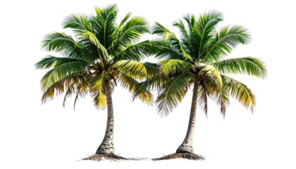 Pair of tropical palm trees with vivid green fronds, isolated