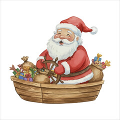 Santa Claus Driving Small Boat Watercolor Vector Isolated on White Background
