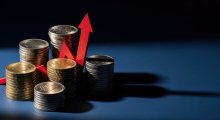 Stacked coins with rising red arrow indicating economic growth and financial success