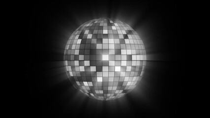 A glowing disco ball with vibrant swirling neon lights in a colorful explosion of energy,  Isolated disco ball on black background. Close-up. Mirror ball spinning indoors. Performance. The reflection 