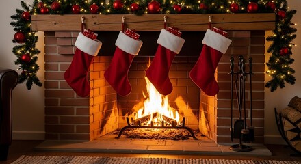 Four traditional Christmas stockings hung above a roaring fire in a brick fireplace, ready for Santa's arrival