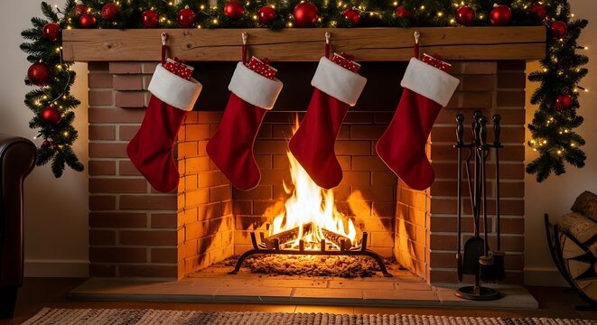 Four traditional Christmas stockings hung above a roaring fire in a brick fireplace, ready for Santa's arrival