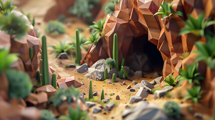 3d isometric low-poly clay desert cave entrance