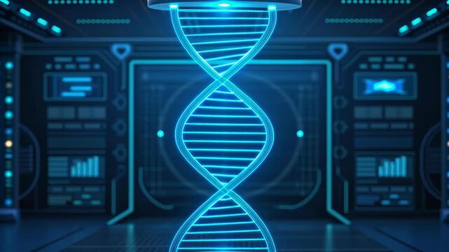Glowing blue DNA helix hologram in futuristic laboratory showcasing biotechnology genetics research technology with high tech data consoles and advanced scientific discovery - Powered by Adobe