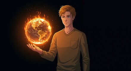 Burning Globe in Hand: A striking visual of a figure cradling a fiery representation of earth, highlighting concepts of global issues and environmental awareness.