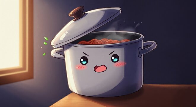 Animated Cooking Pot: An animated cooking pot with expressive eyes, steam rising from its contents. The scene gives an impression of cooking process