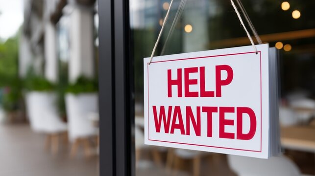 Help wanted sign indicating job vacancy and recruitment for business during labor shortage - Powered by Adobe