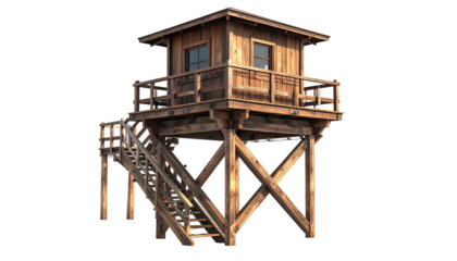Wooden watchtower with stairs, isolated on a dark background