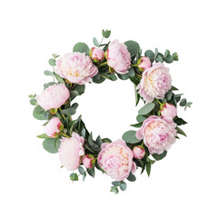 Pink peony flower wreath isolated on transparent background