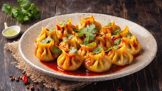 Delicious momos with spicy sauce and fresh cilantro on a rustic wooden table, a culinary delight that tantalizes the taste buds