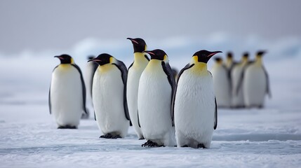Obraz premium A group of emperor penguins stand together on the icy terrain of antarctica, their distinctive yellow markings visible against their black and white plumage, in a natural, cold environment