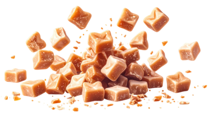 Pile of caramel candies; some flying up. Black background