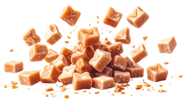 Pile of caramel candies; some flying up. Black background