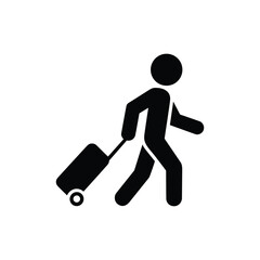 Traveler Walking with Rolling Suitcase Silhouette Icon on White Background