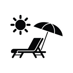 Beach vacation icon with sun, lounge chair and umbrella, simple black and white summer holiday symbol