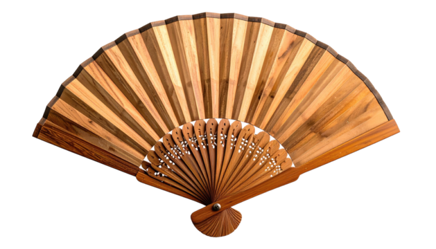 Open wooden fan, thin slats, dark outline on black backdrop