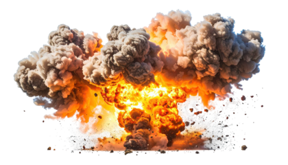 Massive explosion of fire, smoke, and debris against black