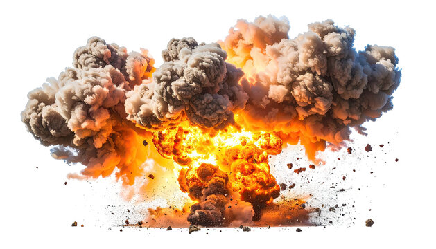 Massive explosion of fire, smoke, and debris against black