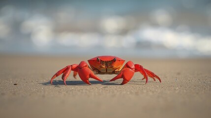Bright red crab walks across sandy beach with ocean waves in background