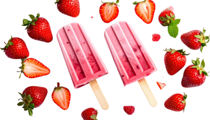 Two pink popsicles amidst sliced and whole fresh strawberries