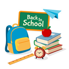 Back to school vector banner image consisting of bag, ruler, stack of books, blackboard, alarm clock