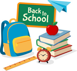 Back to school vector banner image consisting of bag, ruler, stack of books, blackboard, alarm clock