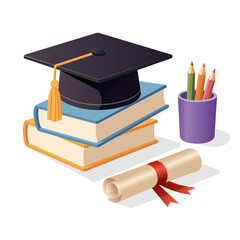 Graduation vector banner image consisting of a graduation cap or toga, graduation diploma, book and stationery