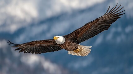 A majestic bald eagle soars through a dramatic sky, its wings spread wide against a backdrop of swirling clouds, symbolizing freedom and power