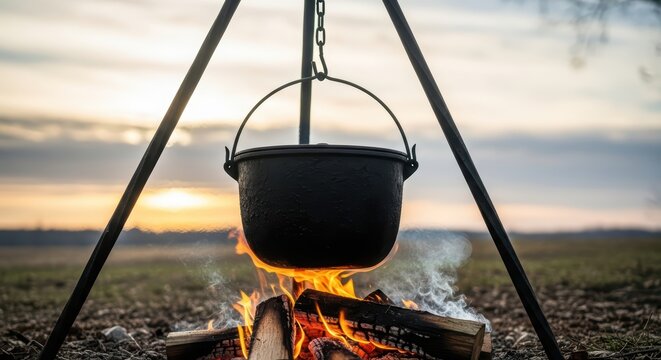 Outdoor cooking: black pot hanging over campfire in scenic landscape - Powered by Adobe