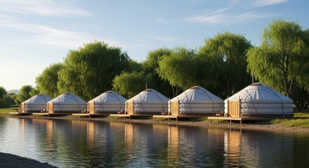 Scenic lakeside yurts with lush greenery and reflective water