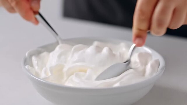 Hands carefully mixing whipped cream with a pair of spoons in a bowl, showcasing texture and preparation. Stock Video