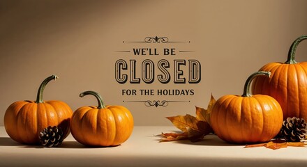 Autumnal Harvest's Closure: A scene of autumn's bounty, with vibrant pumpkins and a sign announcing closure for the holidays, perfectly capturing the spirit of seasonal festivities.