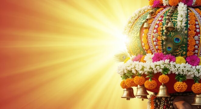 Thaipusam, festival banner with gradient blend of golden yellow to saffron, close-up of kavadi with intricate patterns and flowers