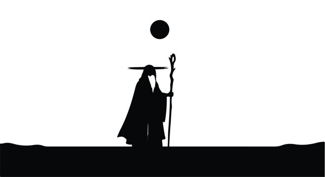 Mysterious hooded figure with staff stands under a dark sun, evoking fantasy and magic