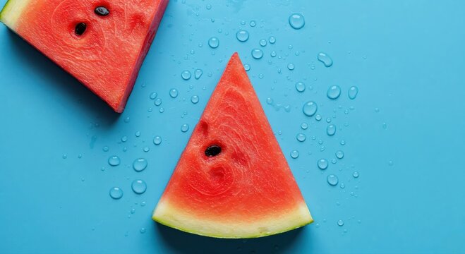 Summer Slices: Two triangular watermelon slices, glistening with refreshing droplets, lie on a vibrant blue surface. Perfect for evoking summer scenes. - Powered by Adobe