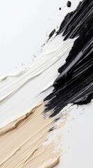 Thick, textured paint strokes in black, white, and beige create a dynamic abstract pattern against a clean white surface.