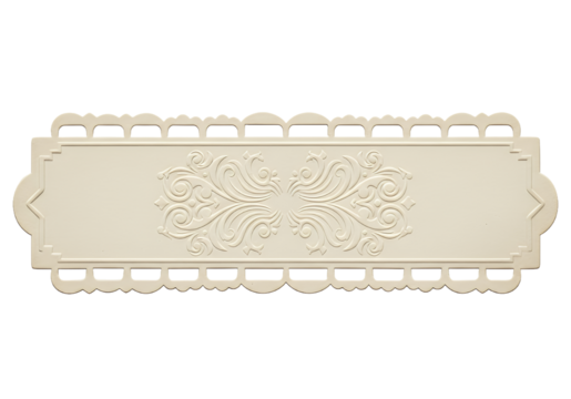 Elegant ornate decorative banner element with intricate swirling scrollwork and scalloped trim for invitations or signage