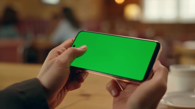 A person holds a phone, the screen shows a green background, ready to add any images. The person is holding the phone in hands, showing the screen toward the camera, ready to be use Stock Video