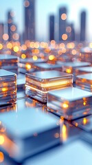 A futuristic digital cityscape with glowing cubes and blurred bokeh lights in shades of blue and orange.