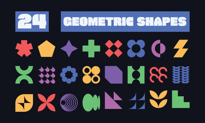 Obraz premium Colorful abstract geometric icon set with bold playful shapes in mixed retro memphis brutalist style blended with modern y2k vibe shown as smooth vector elements